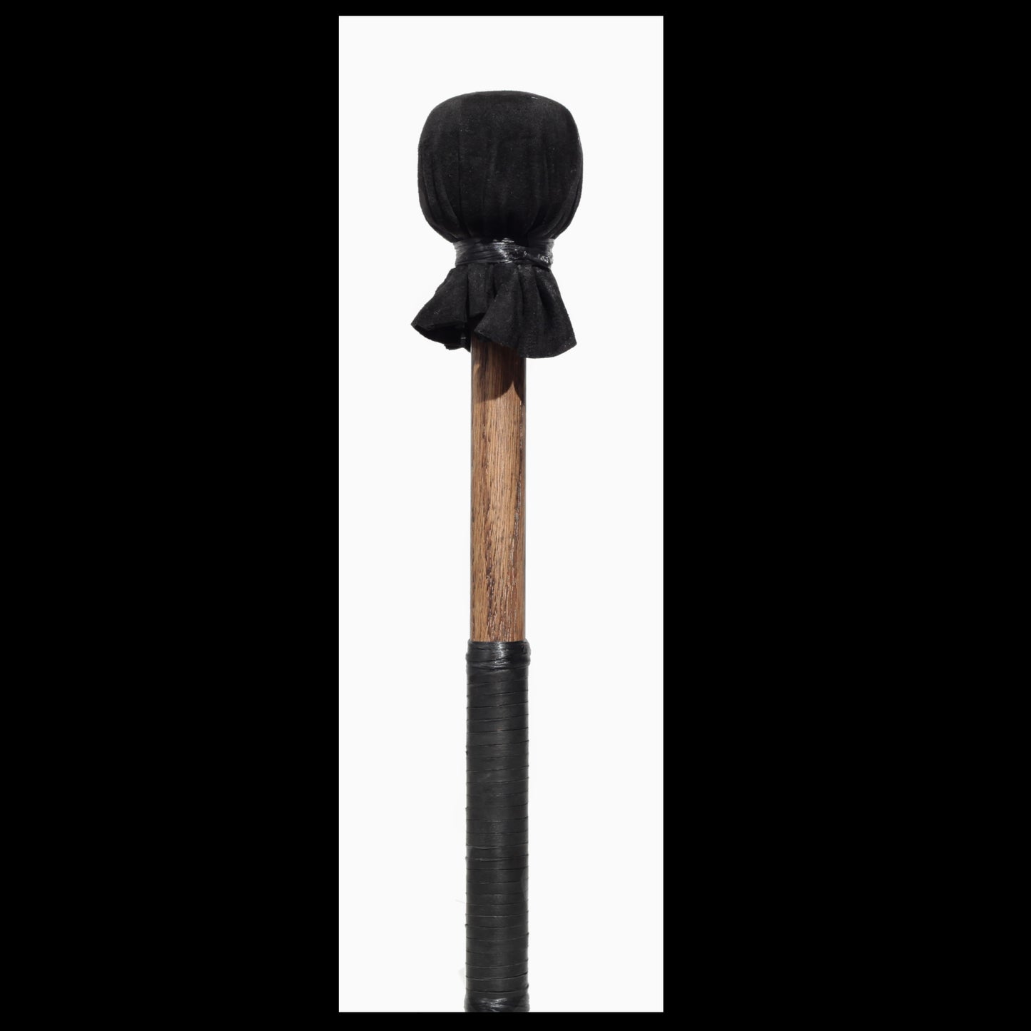 13” medium drum beater, “Black” Goat suede, 3/4” Red Oak handle w/ black Deer leather wrap