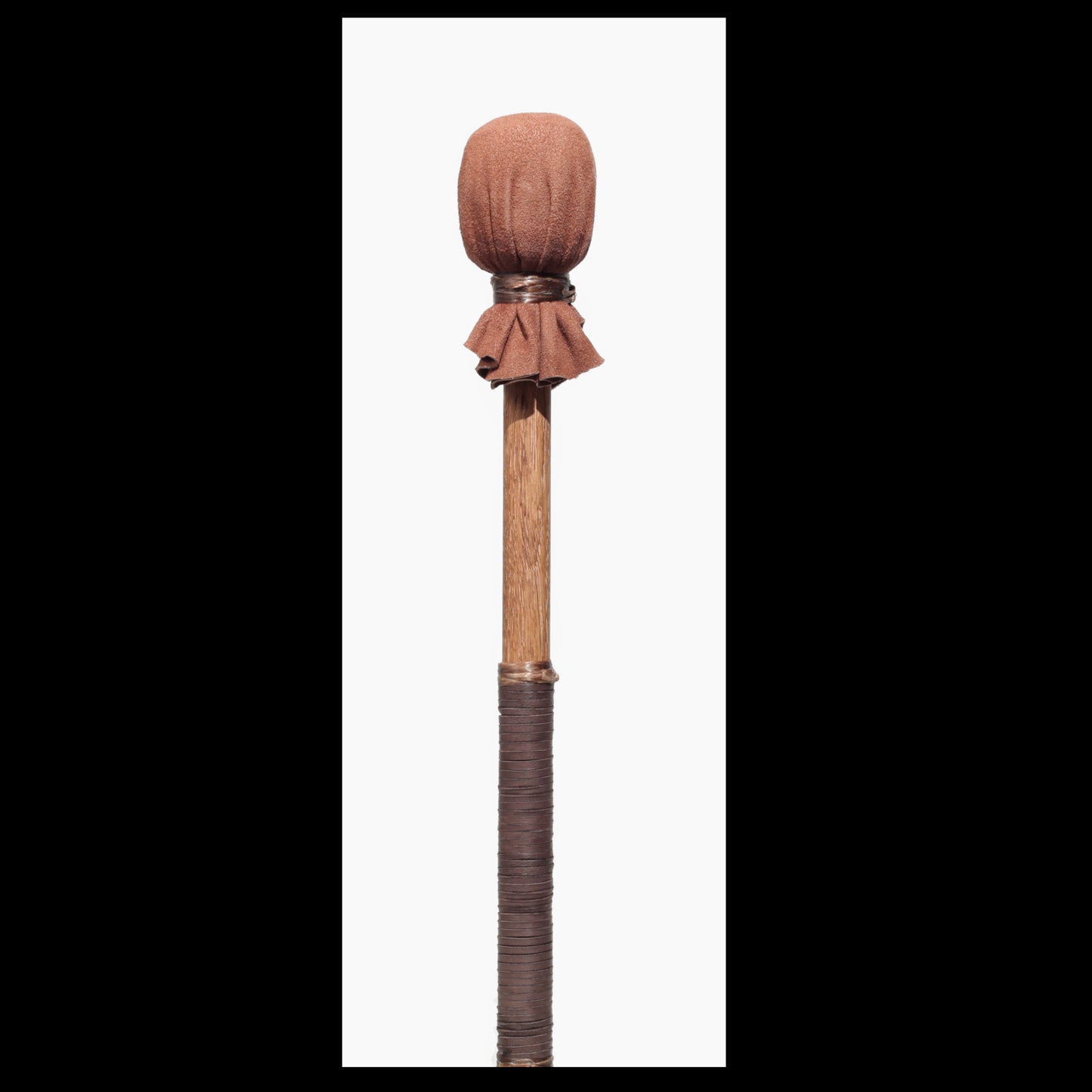 13” medium drum beater, “Brown” Goat suede, 5/8” Red Oak handle w/ brown Deer leather wrap