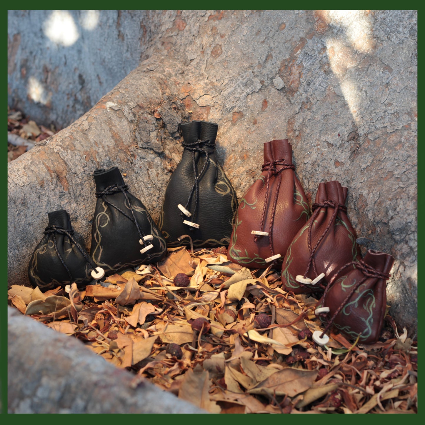 Brown "Vines" hand-painted Deer leather pouch w/ Deer antler toggles