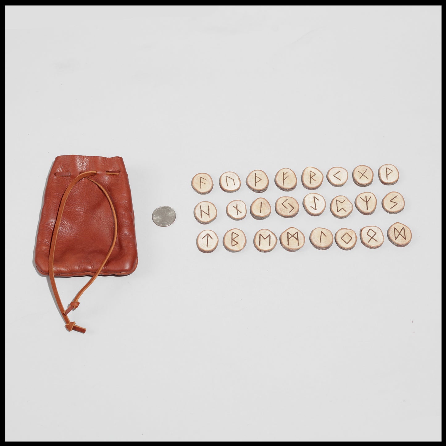 Hand-crafted Red Birch Rune set w/ light brown drawstring leather pouch