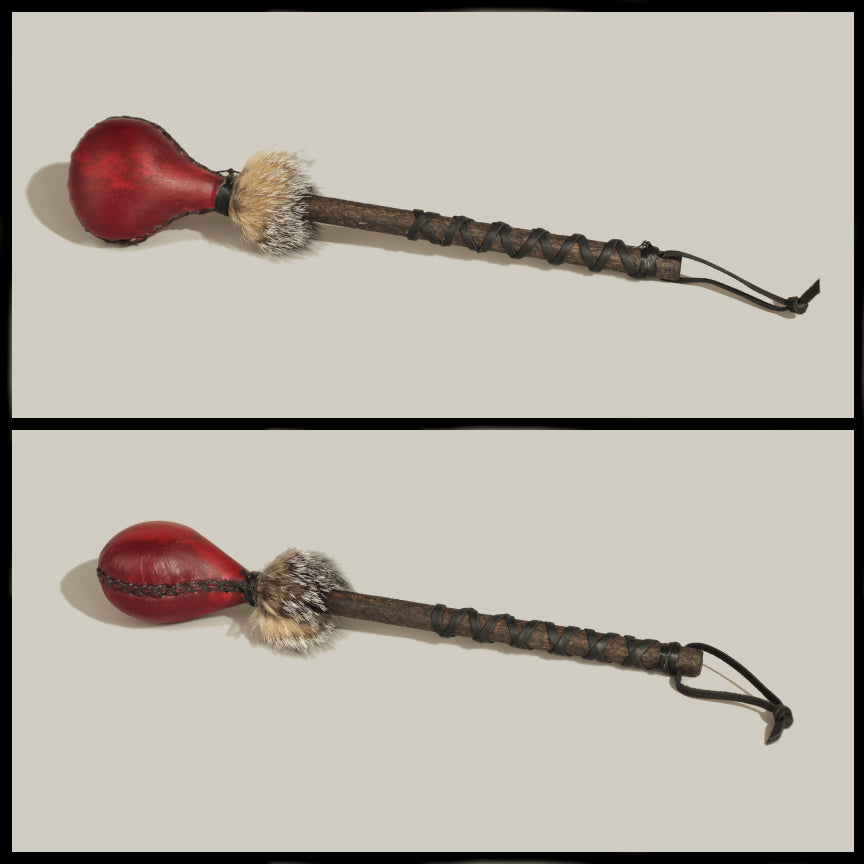 15” Crimson Deer hide “teardrop” rattle w/ Fox fur