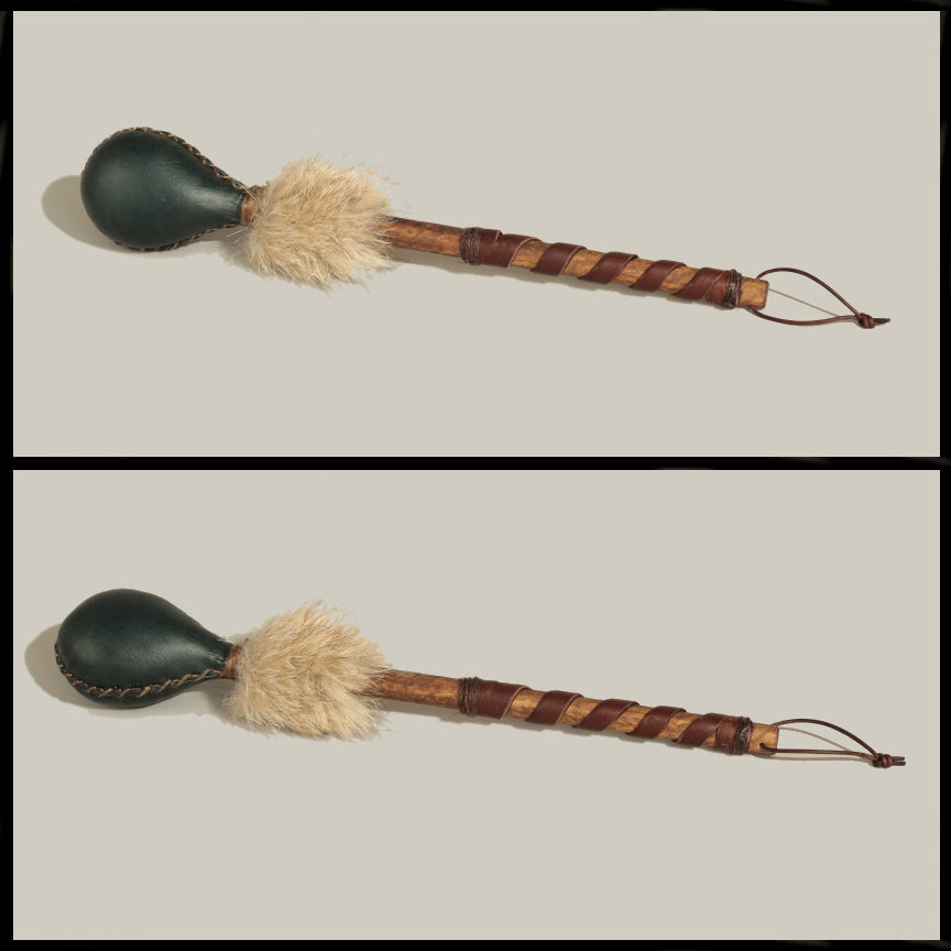 15” Dark green Elk hide “teardrop” rattle w/ Coyote fur