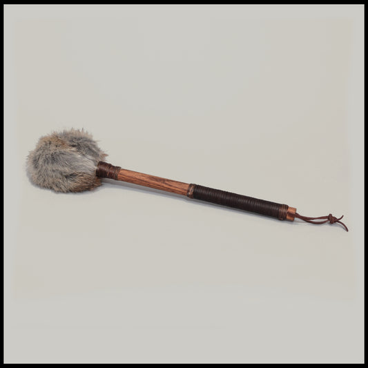 13” Soft drum beater, brown Rabbit fur, 5/8” Red Oak handle w/ brown leather wrap