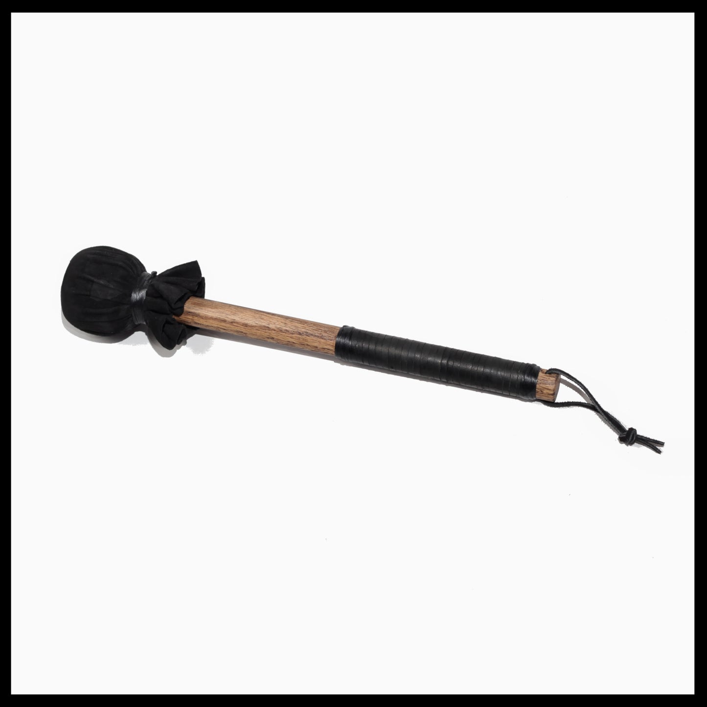13” medium drum beater, “Black” Goat suede,  3/4” Red Oak handle w/ black Deer leather wrap