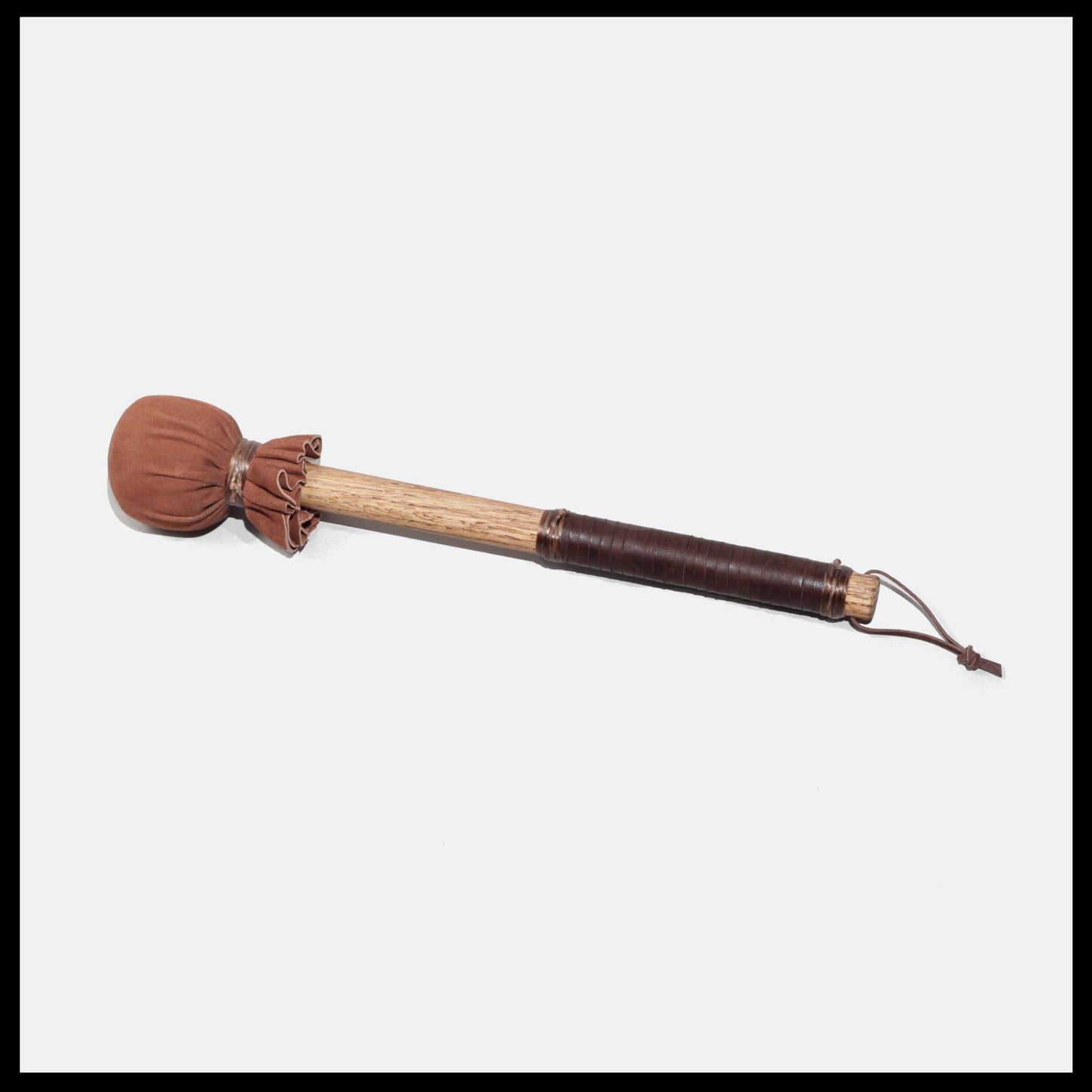 13” medium drum beater, “Brown” Goat suede,  3/4” Red Oak handle w/ brown Deer leather wrap