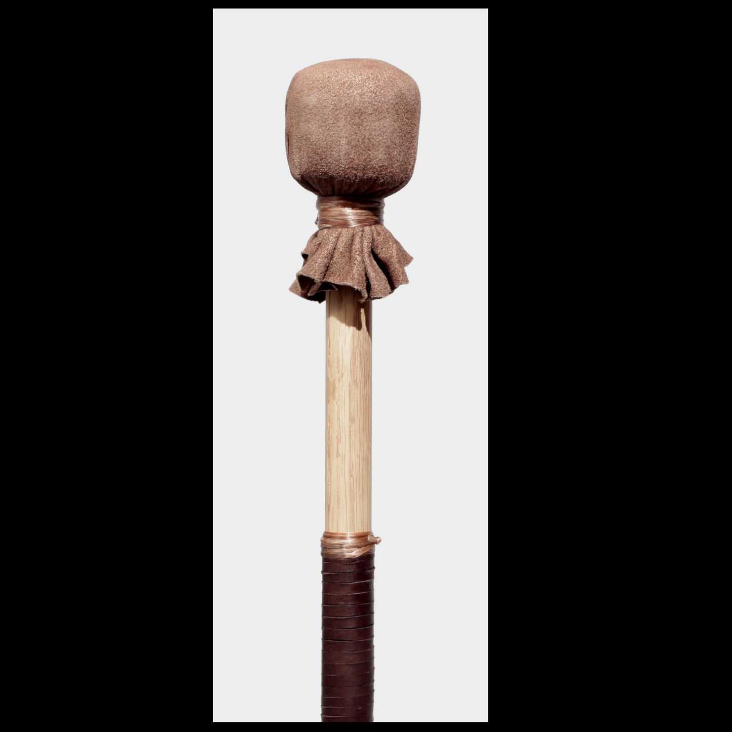 13” medium drum beater, “Earth” Goat suede,  3/4” Red Oak handle w/ brown Deer leather wrap