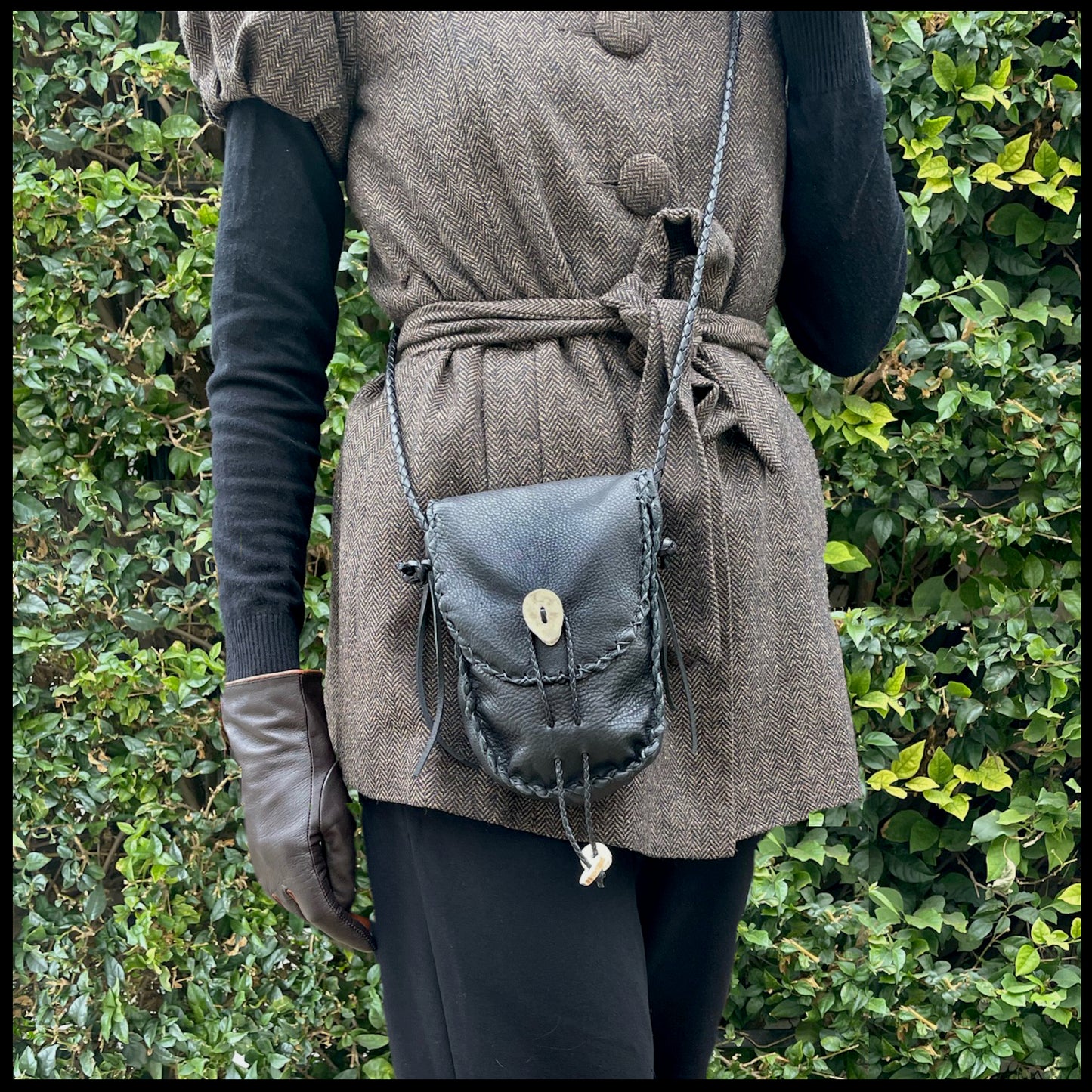 Hand-stitched leather shoulder pouch w/ Deer antler toggles & closure