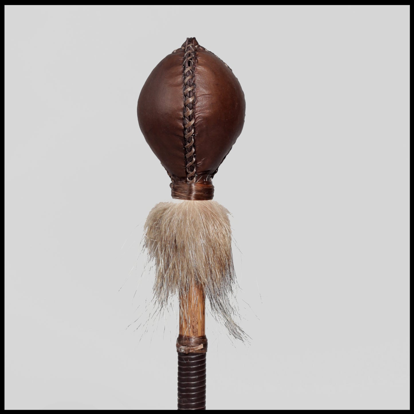 12” Brown Elk hide “3-sided” rattle w/ Coyote fur
