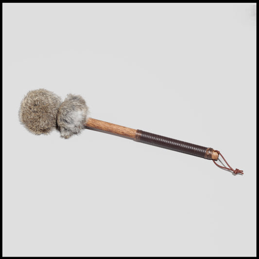 13” Soft drum beater, grey brown Rabbit fur, 5/8” Red Oak handle w/ brown leather wrap