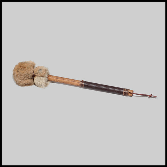13” Soft drum beater, tan Rabbit fur, 5/8” Red Oak handle w/ brown leather wrap