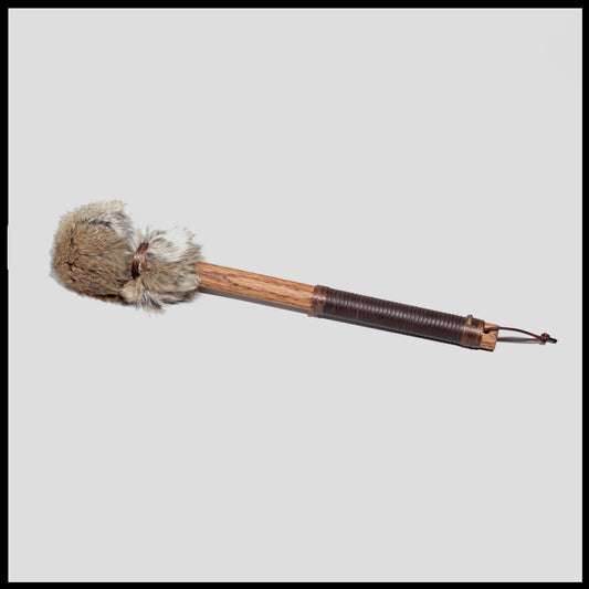 13” Soft drum beater, brown Rabbit fur, 3/4” Red Oak handle w/ brown leather wrap