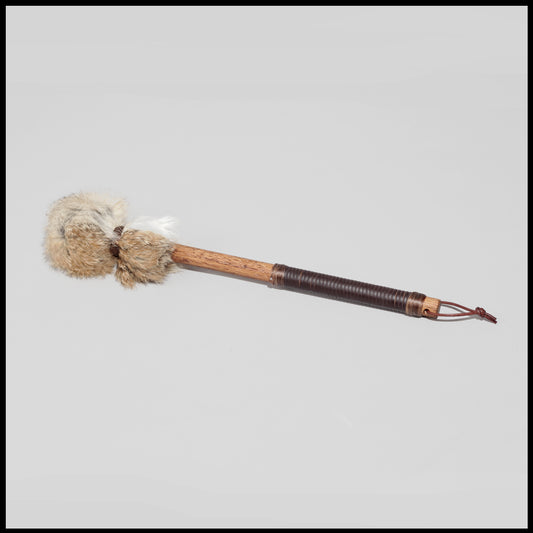 13” Soft drum beater, tan & white Rabbit fur, 5/8” Red Oak handle w/ brown leather wrap