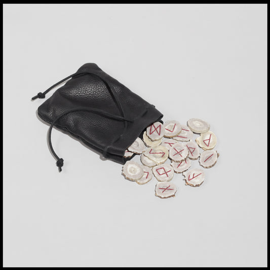 Hand-crafted Deer antler Rune set w/ black drawstring leather pouch