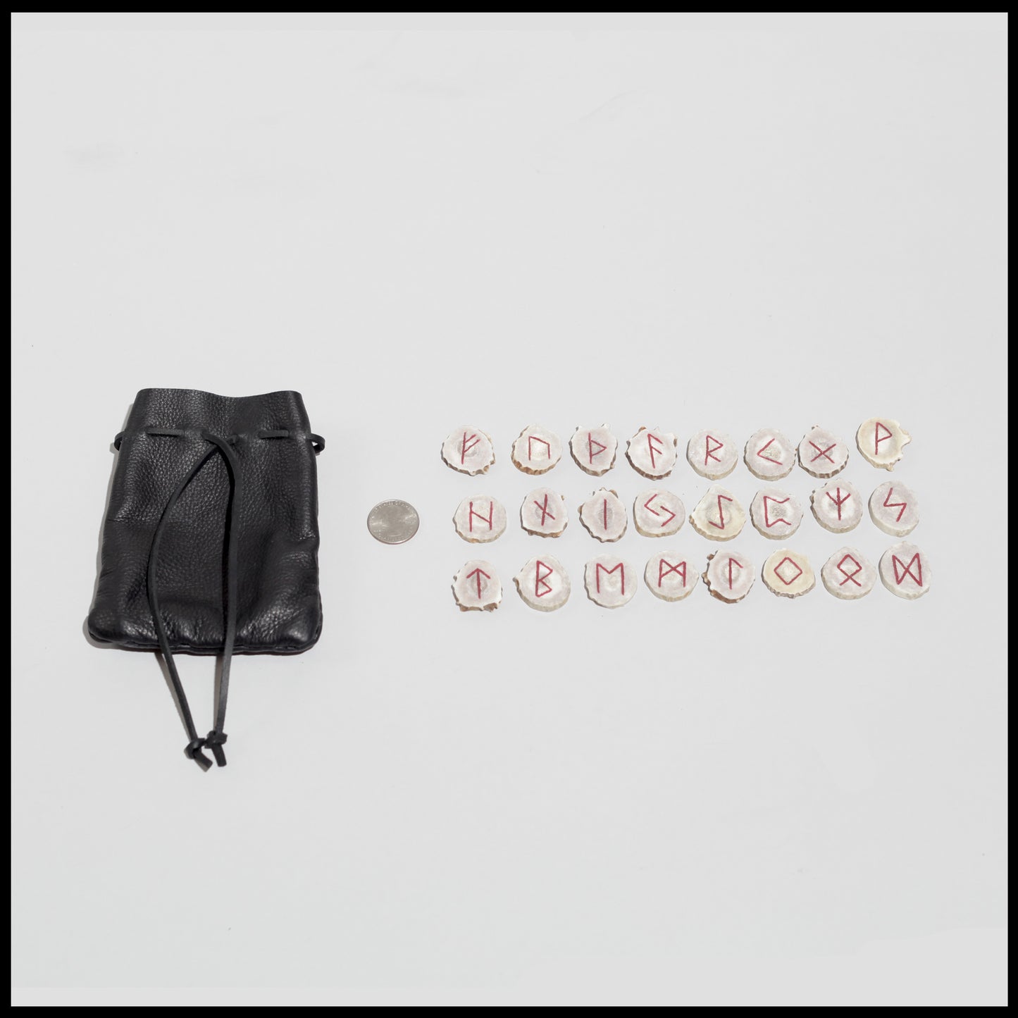 Hand-crafted Deer antler Rune set w/ black drawstring leather pouch