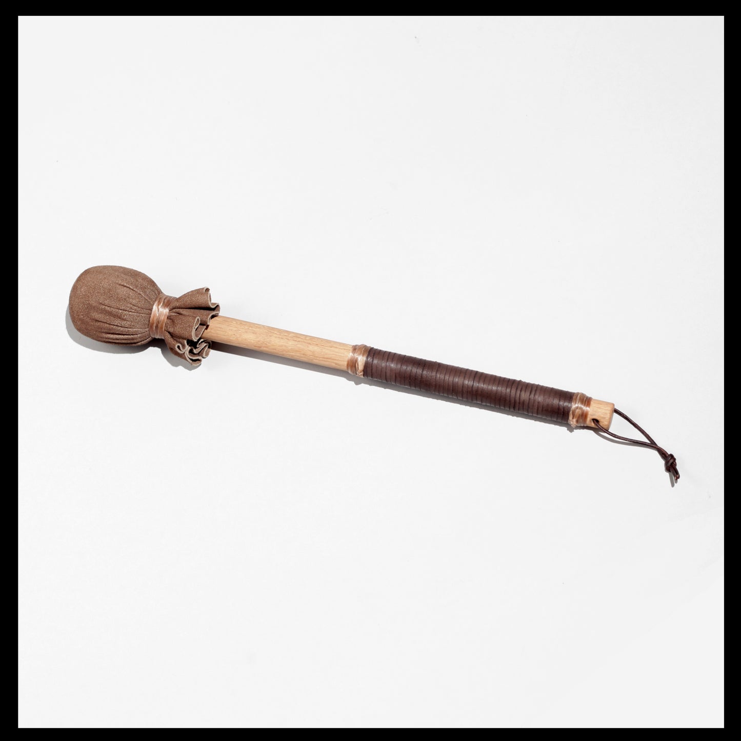 13” medium drum beater, “Earth” Goat suede, 5/8” Red Oak handle w/ brown Deer leather wrap