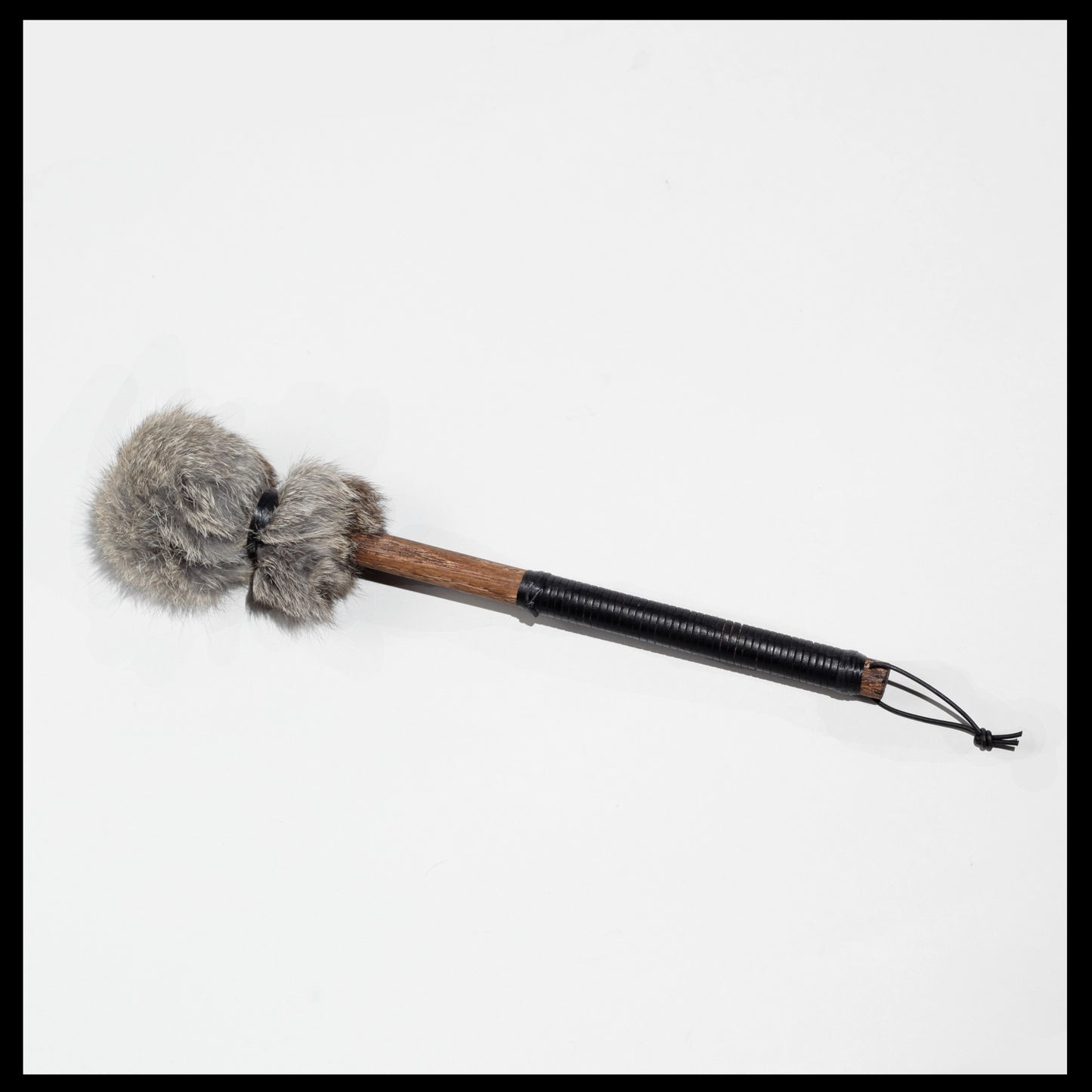 13” Soft drum beater, grey Rabbit fur, 5/8” Red Oak handle w/ black Calf leather wrap