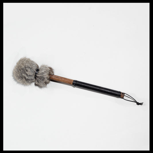 13” Soft drum beater, grey Rabbit fur, 5/8” Red Oak handle w/ black Calf leather wrap