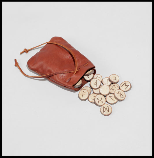 Hand-crafted Red Birch Rune set w/ light brown drawstring leather pouch