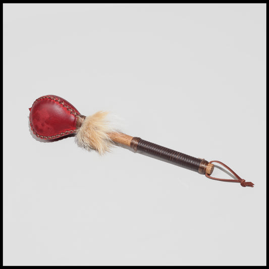 12” Crimson Deer hide “3-sided” rattle w/ Fox fur