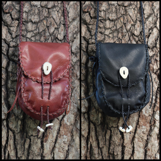 Hand-stitched leather shoulder pouch w/ Deer antler toggles & closure