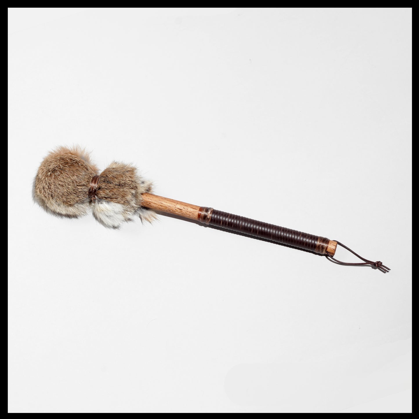 13” Soft drum beater, brown & white Rabbit fur, 5/8” Red Oak handle w/ brown Calf leather wrap