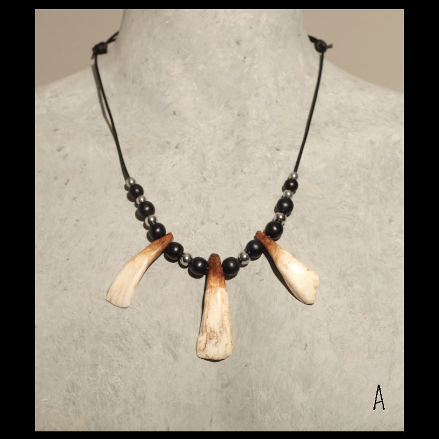 Aged Bison teeth necklace w/ Hematite & Wood beads